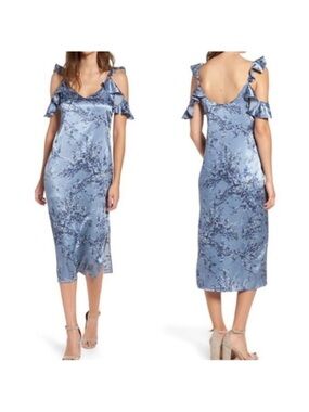 NWT WAYF Quinn Ruffle Cold Shoulder Floral Satin Slip Midi Dress Slate Blue XS
